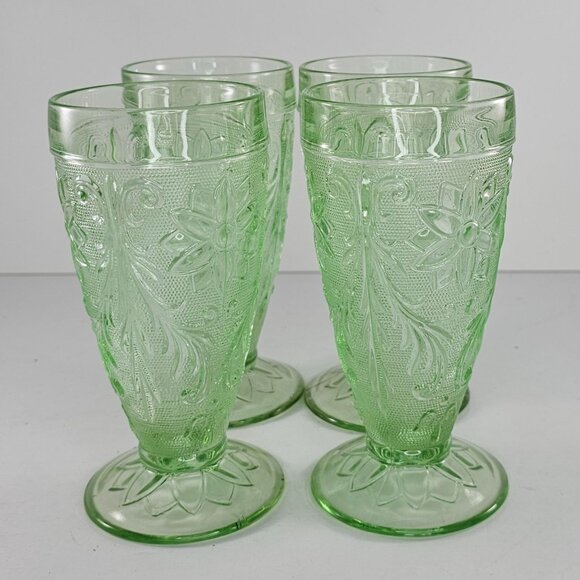 Tiara Indiana Glass 4 Chantilly Green Sandwich 10 oz Footed Iced Tea Tumblers - Picture 2 of 6